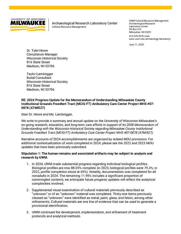 2024 Progress Update for the Memorandum of Understanding Milwaukee County Institutional Grounds Froedtert Tract (MCIG-FT) Ambulatory Care Center Project WHS #07-0878 (47MI527)