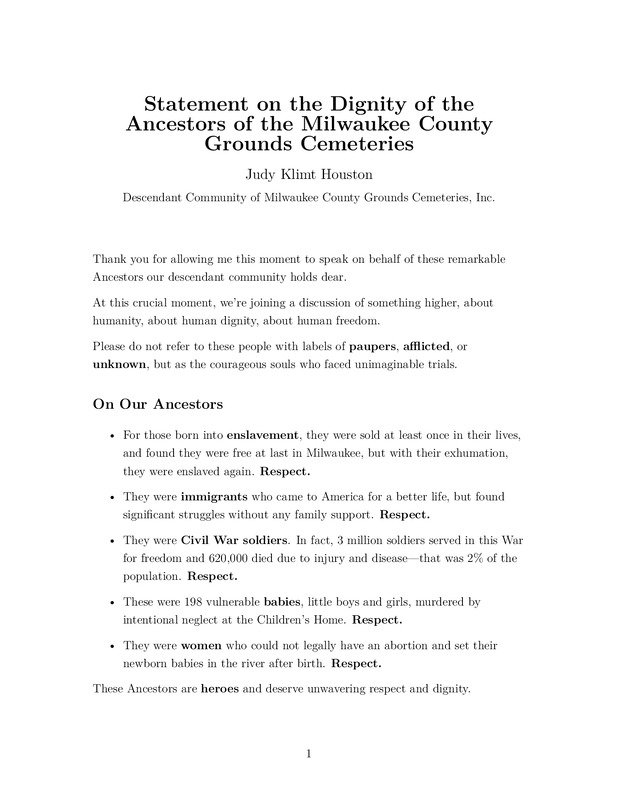 Statement on the Dignity of the Ancestors of the Milwaukee County Grounds Cemeteries