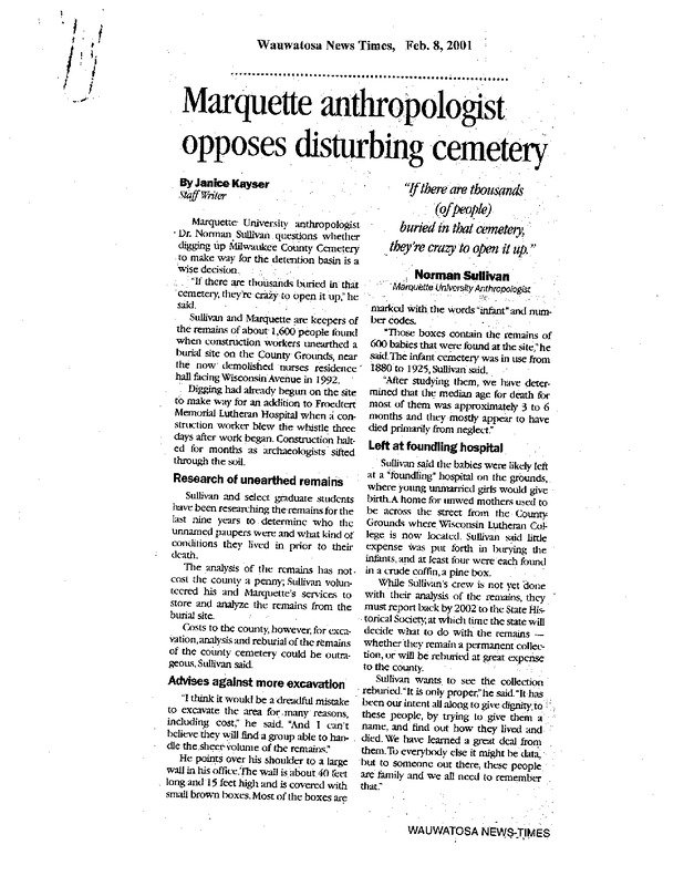 Marquette anthropologist opposes disturbing cemetery