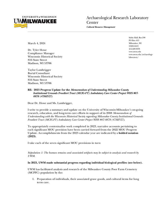 2023 Progress Update for the Memorandum of Understanding Milwaukee County
Institutional Grounds Froedtert Tract (MCIG-FT) Ambulatory Care Center Project WHS #07- 0878 (47MI527)